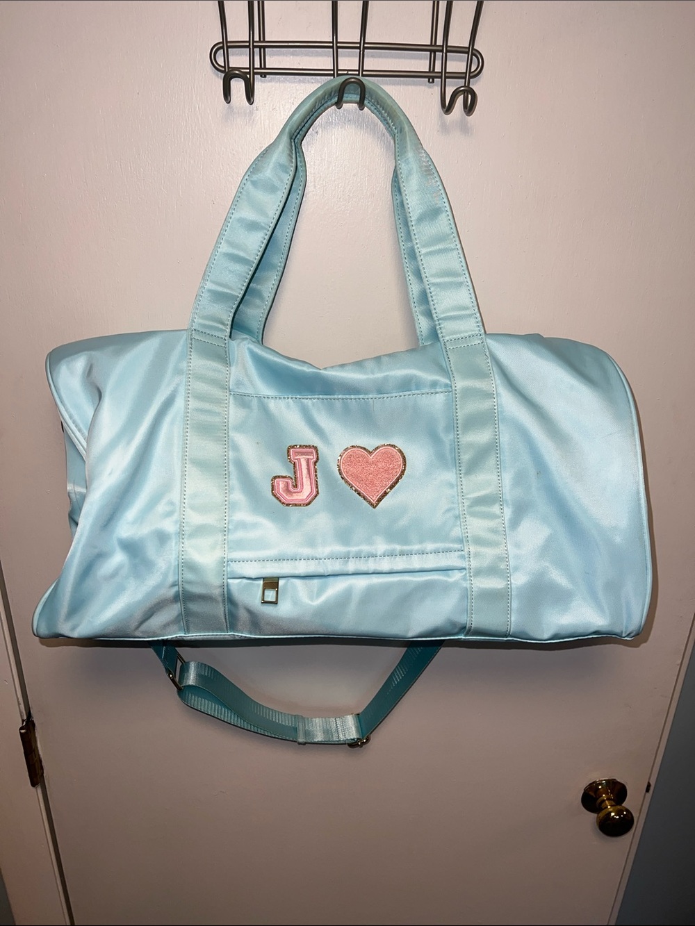 Stoney Clover Lane Light Blue Duffel with Pink Heart Patch